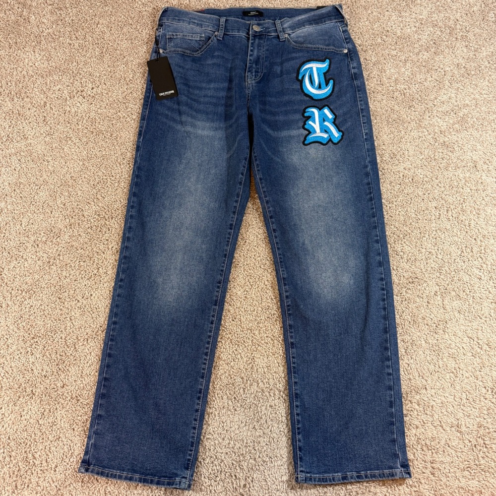 True‎ Religion Bobby Relaxed Baggy Mens 32x32 Blue NWT Chenille Applique Jeans